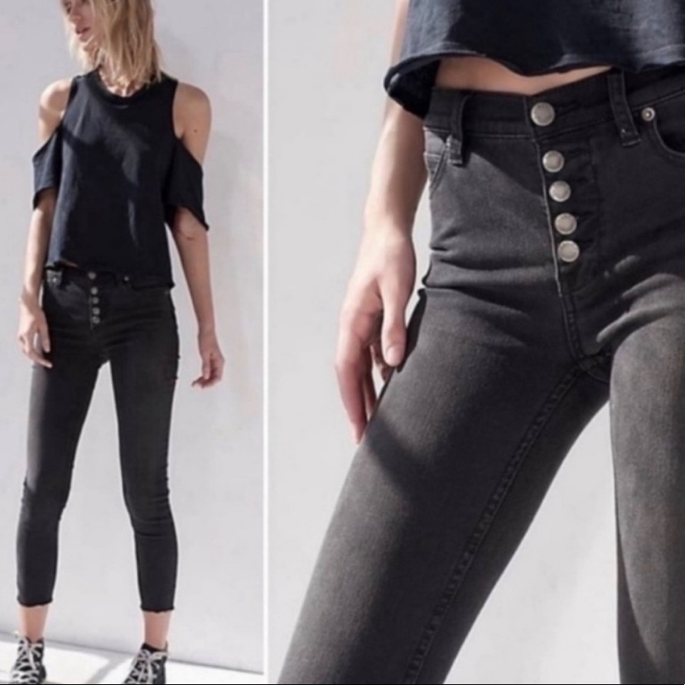FREE PEOPLE Skinny Jeans Size 24 Raw Hem Exposed Button Charcoal Grey Black